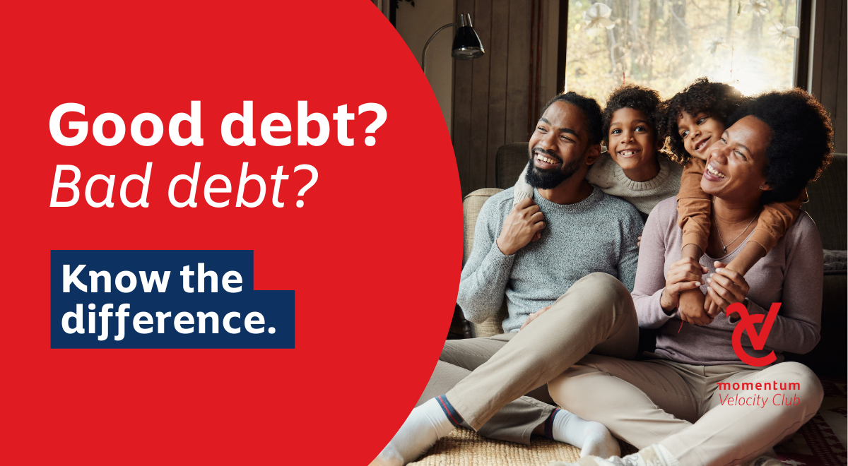 A mom and dad sit on the carpet in their lounge with their two kids, confident that their debt is under control.