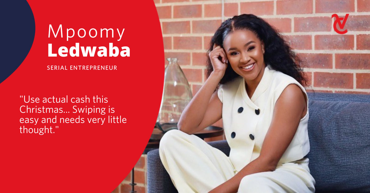 Mpoomy Ledwaba, successful entrepreneur and Velocity Club contributor, seated on a blue couch.