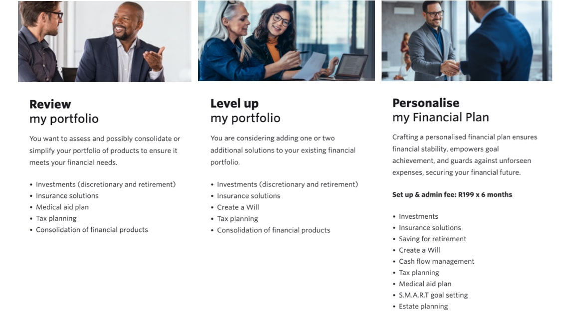 3 cards displaying the benefits of the Momentum Velocity Club portfolio review, how to level up your portfolio and personalise your financial plan.
