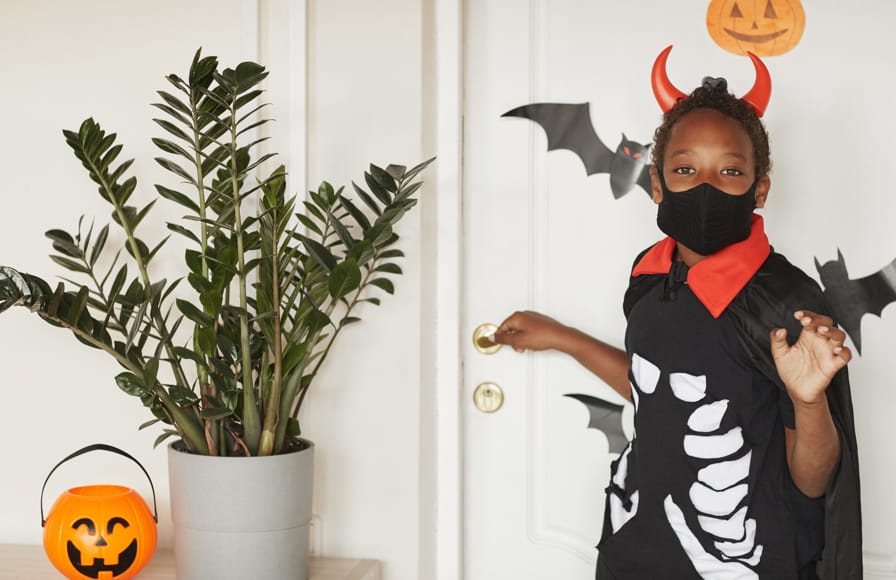 Little boy dressed up in a Halloween outfit and ready to go trick or treating.