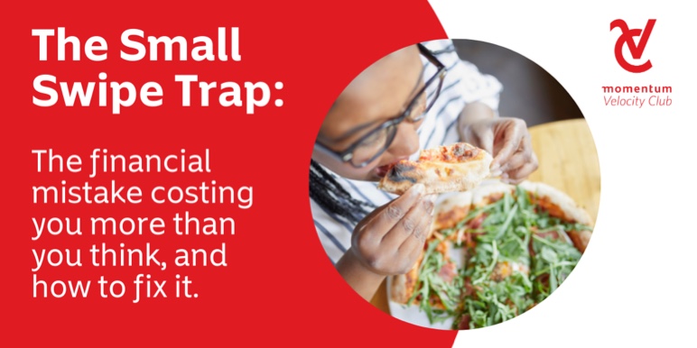 Woman eating pizza bought with her credit card, unaware of the hidden costs of swiping.
 