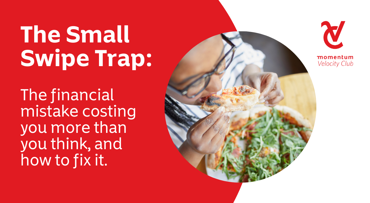 A woman eats a slice of pizza, having paid for it with a quick card swipe—without giving it a second thought.